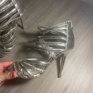 Debs Womens Silver Sparkly Strapy Heels